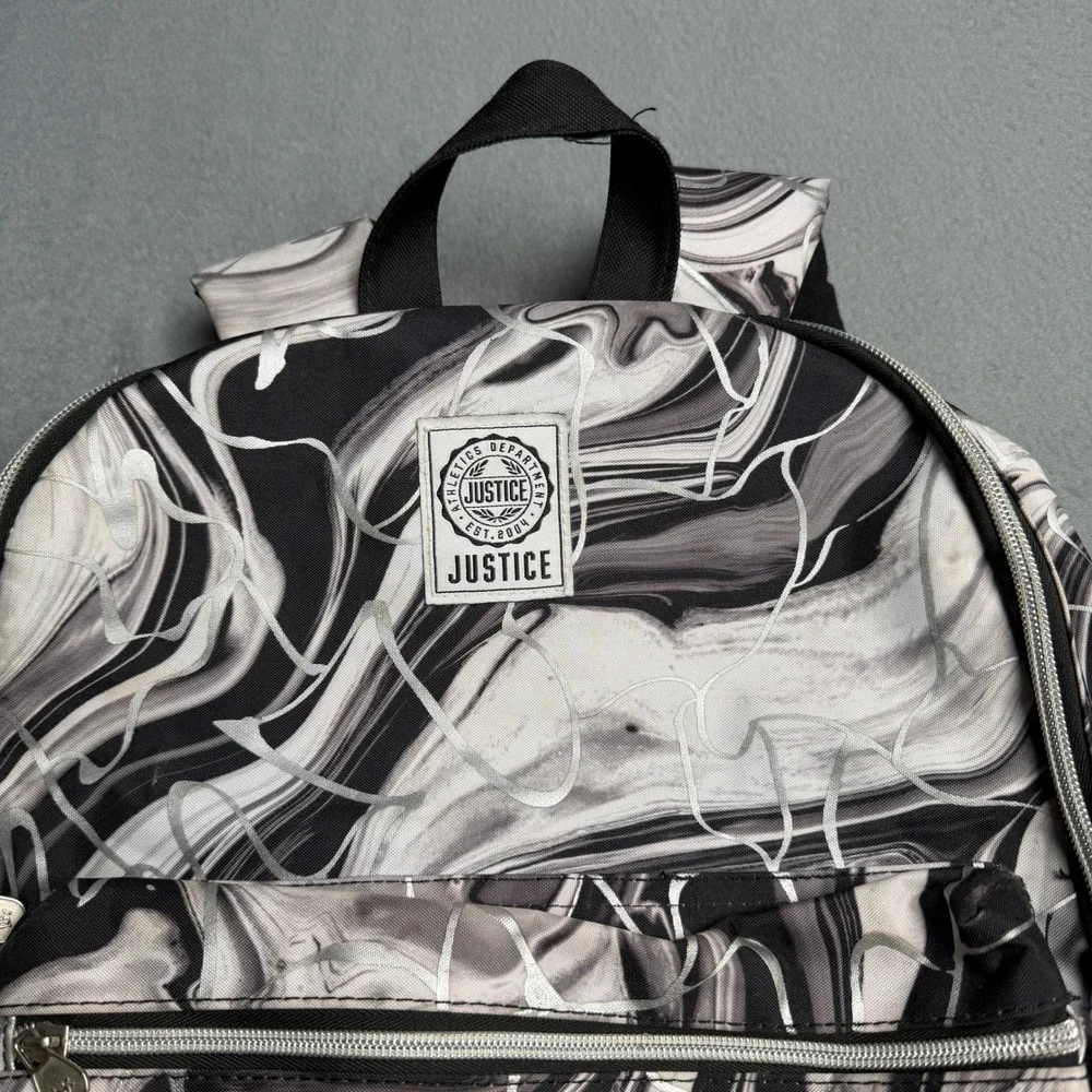 Justice Girls Black‎ White Marble Swirl Backpack Silver Metallic Accents School